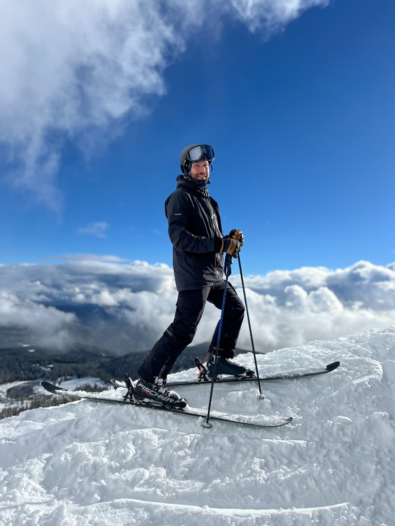 Daniel Wild on a snowy mountain peak in the Pacific Northwest, ski gear, Mt. Hood